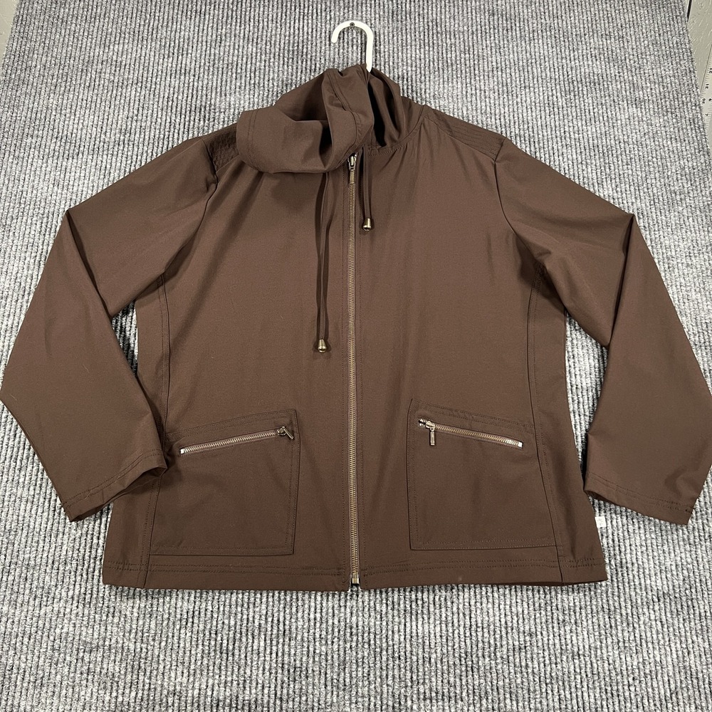 Chicos Zenergy Jacket Womens 2 Brown Full Zip Hooded Stretch Pockets Lightweight